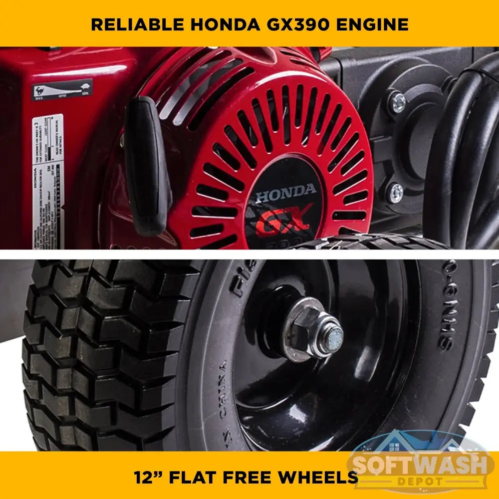 4,200 PSI 4.2 GPM cold water gas pressure washer with Honda GX390 engine, General TSS1511-P8 belt drive triplex pump, aluminum frame, and flat-free tires. - Soft Wash Depot
