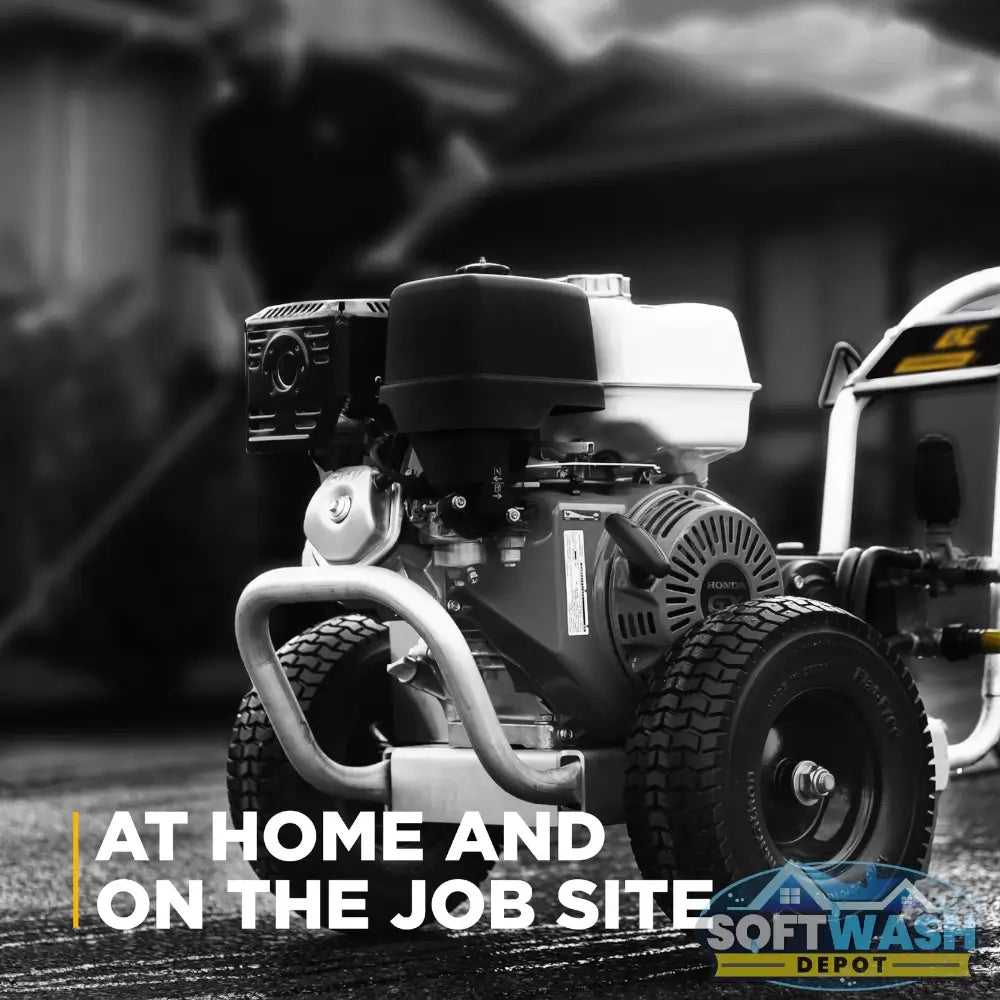 4,200 PSI 4.2 GPM cold water gas pressure washer with Honda GX390 engine, General TSS1511-P8 belt drive triplex pump, aluminum frame, and flat-free tires. - Soft Wash Depot