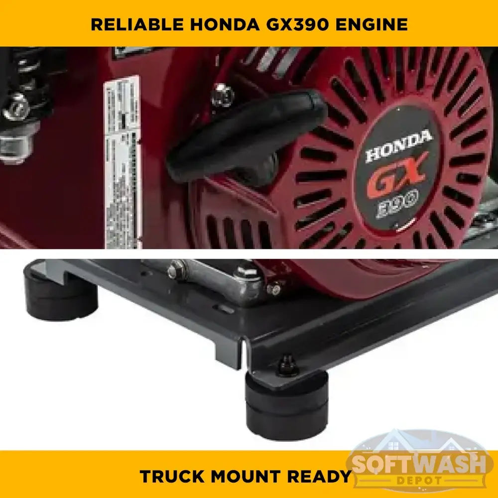 4,200 PSI 4.2 GPM truck mount cold water gas pressure washer with Honda GX390 engine and General TSS1511 belt drive triplex pump. - Soft Wash Depot