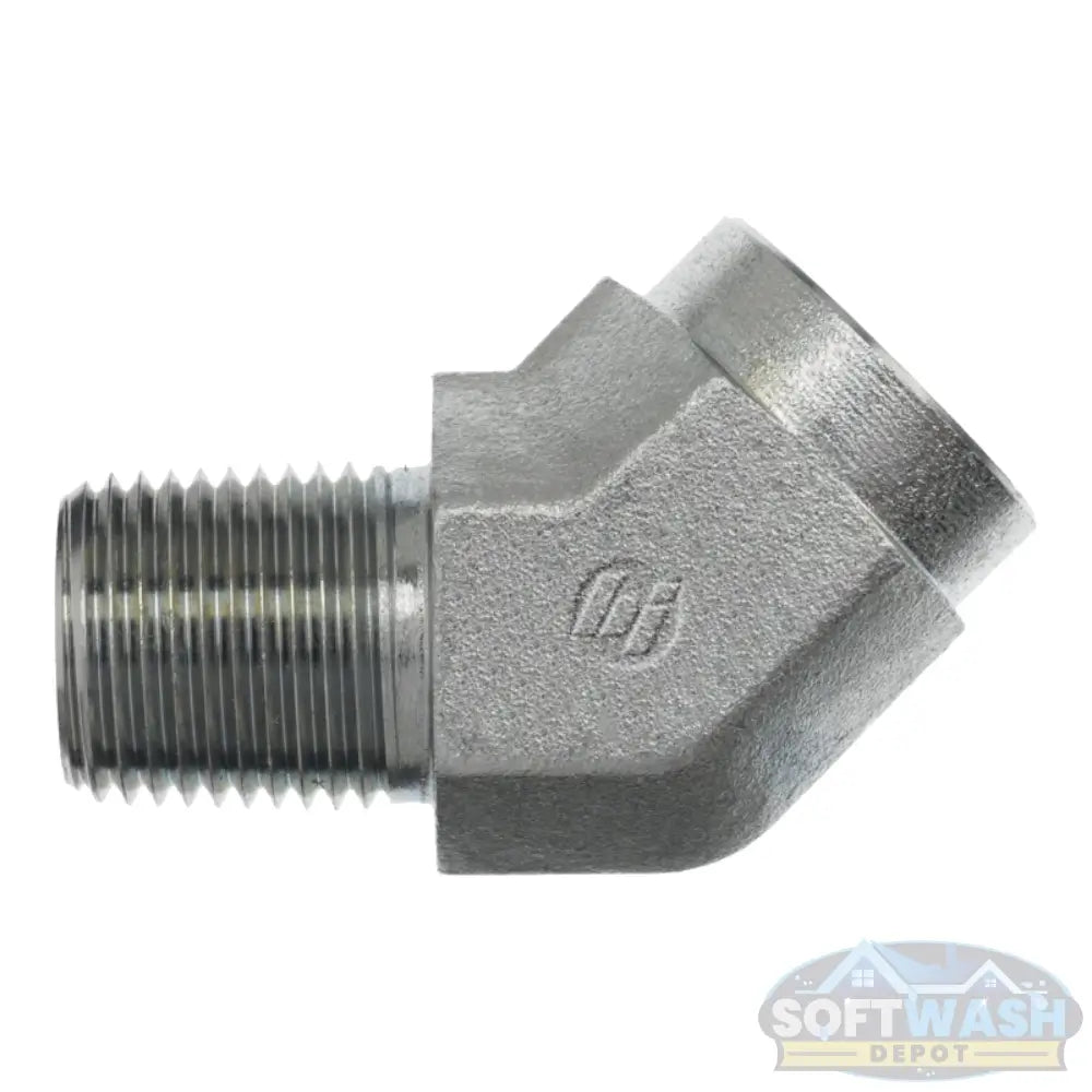 45-degree male pipe x female pipe steel elbow fitting, zinc-plated for corrosion resistance, durable connector for plumbing and pressure wash systems - Soft Wash Depot.