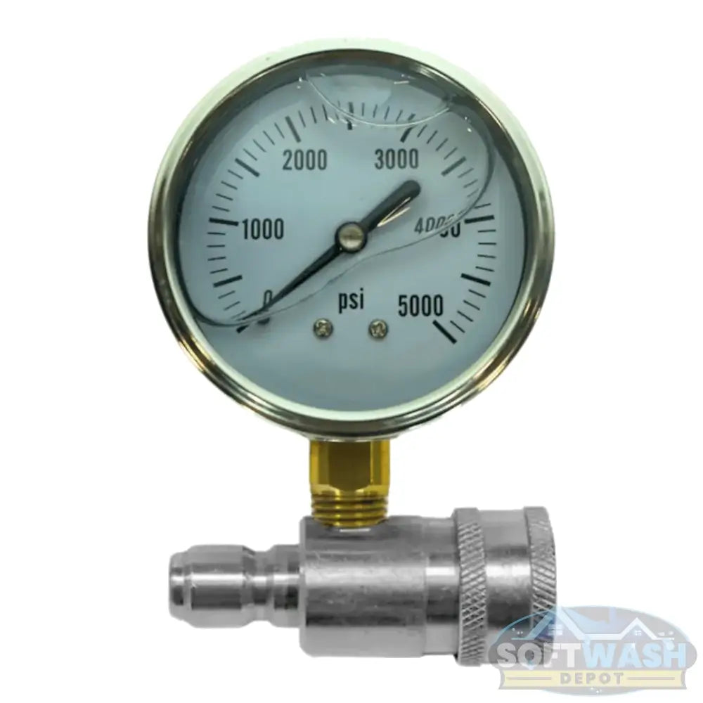 5,000 PSI Top Mount Pressure Gauge on Stainless QC Fitting - durable stainless steel quick-connect gauge for accurate PSI measurement in pressure washer and soft wash systems - Soft Wash Depot.