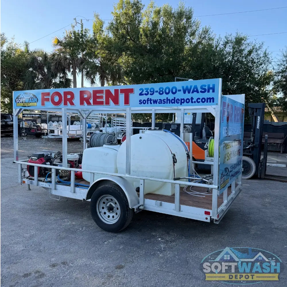 6' x 12' Aluminum Trailer Rental with 8 GPM Gas Soft Wash System - Fully equipped mobile pressure washing trailer with water tank, hose reels, and Honda engine - Available for rent from Soft Wash Depot.