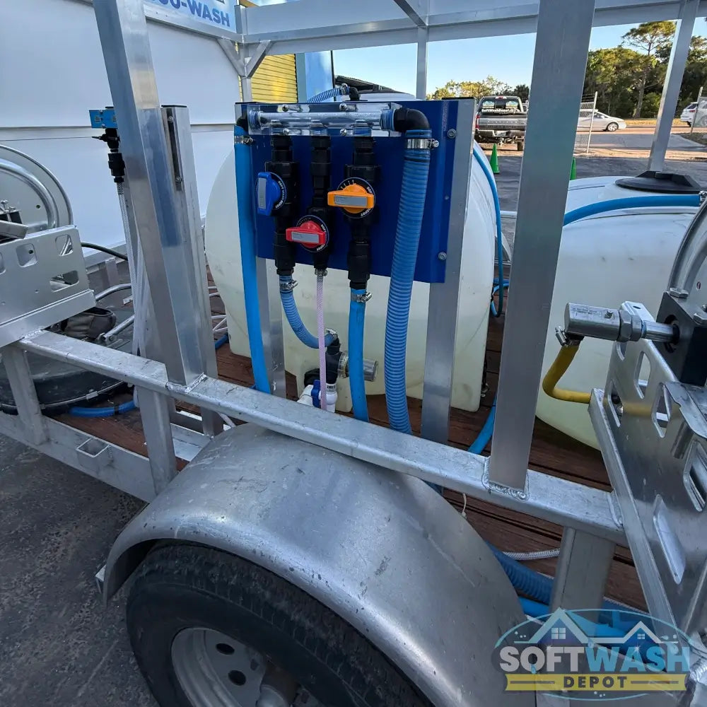 6' x 12' Aluminum Trailer Rental with 8 GPM Gas Soft Wash System - Fully equipped mobile pressure washing trailer with water tank, hose reels, and Honda engine - Available for rent from Soft Wash Depot.