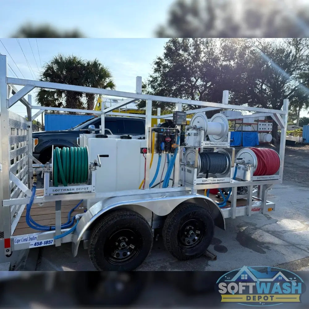 6' x 12' aluminum soft wash and pressure wash trailer build with 8 GPM system, fully equipped cleaning trailer with tanks, hose reel, and engine setup. - Soft Wash Depot