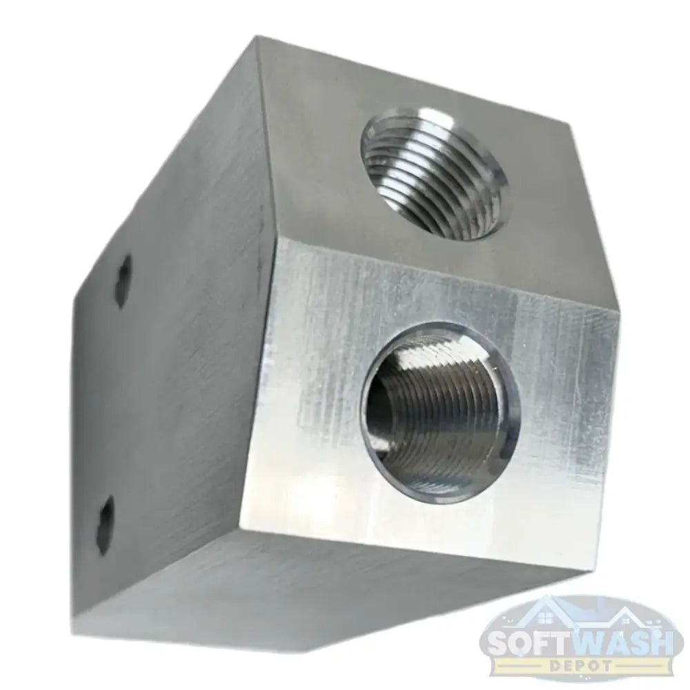 Aluminum twinning block with threaded ports - Soft Wash Depot.