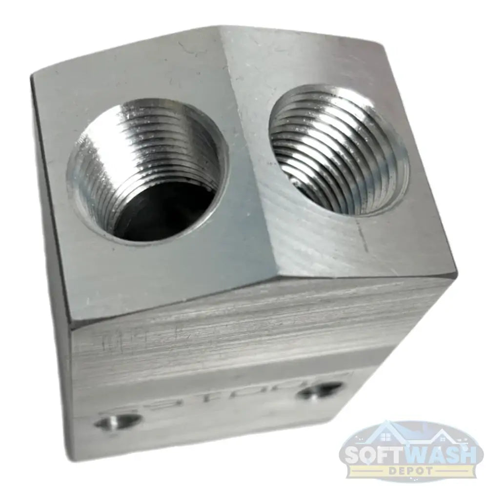 Aluminum twinning block with threaded ports - Soft Wash Depot.