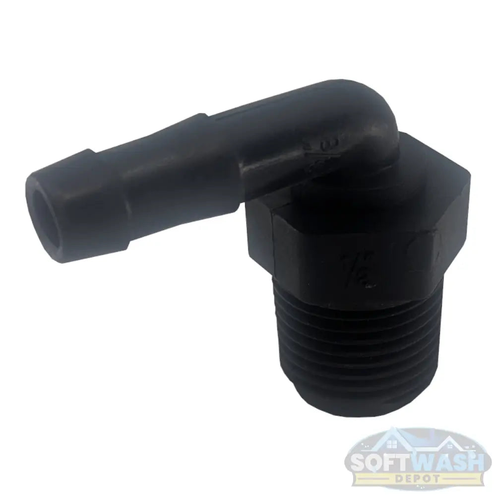 Banjo 1/2 inch x 3/8 inch Schedule 80 polypropylene 90 degree threaded hose barb elbow fitting for pressure washing and soft washing systems. - Soft Wash Depot