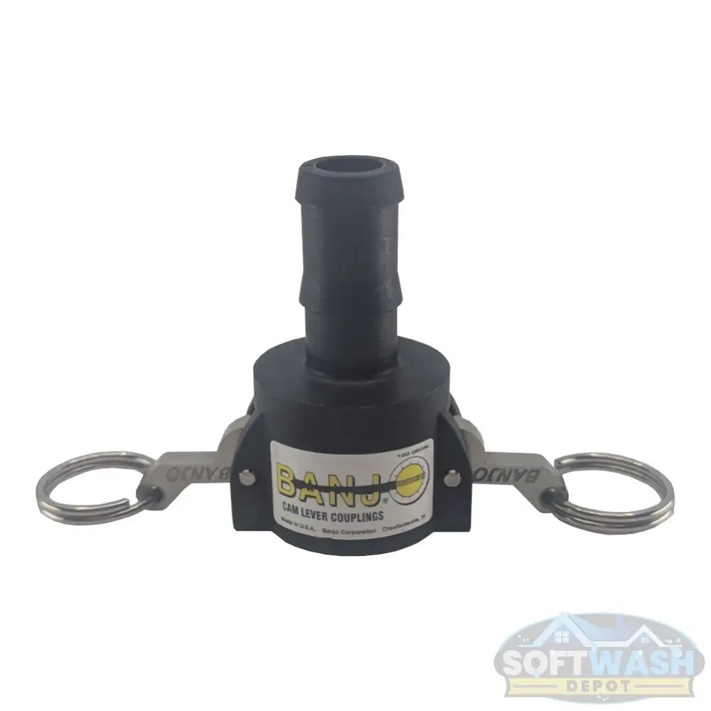 Banjo 3/4" Female Camlock x 3/4" Hose Barb Poly Part C polypropylene quick-connect coupling with cam levers for secure hose connections in soft wash, pressure washing, and fluid transfer systems. - Soft Wash Depot