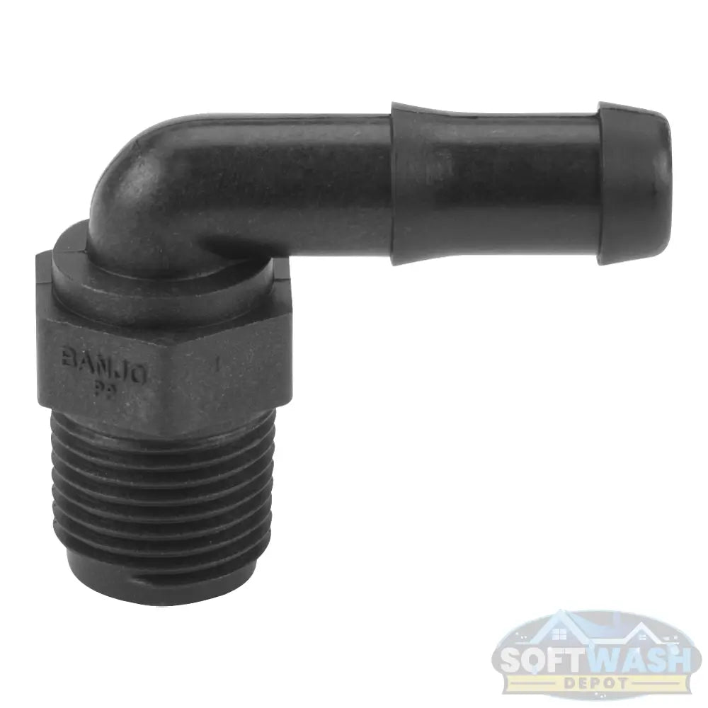Banjo 1/2-inch MNPT x 1/2-inch hose barb polypropylene 90-degree elbow fitting, Schedule 80, durable black chemical-resistant elbow for softwash, plumbing, and fluid transfer systems - Soft Wash Depot.