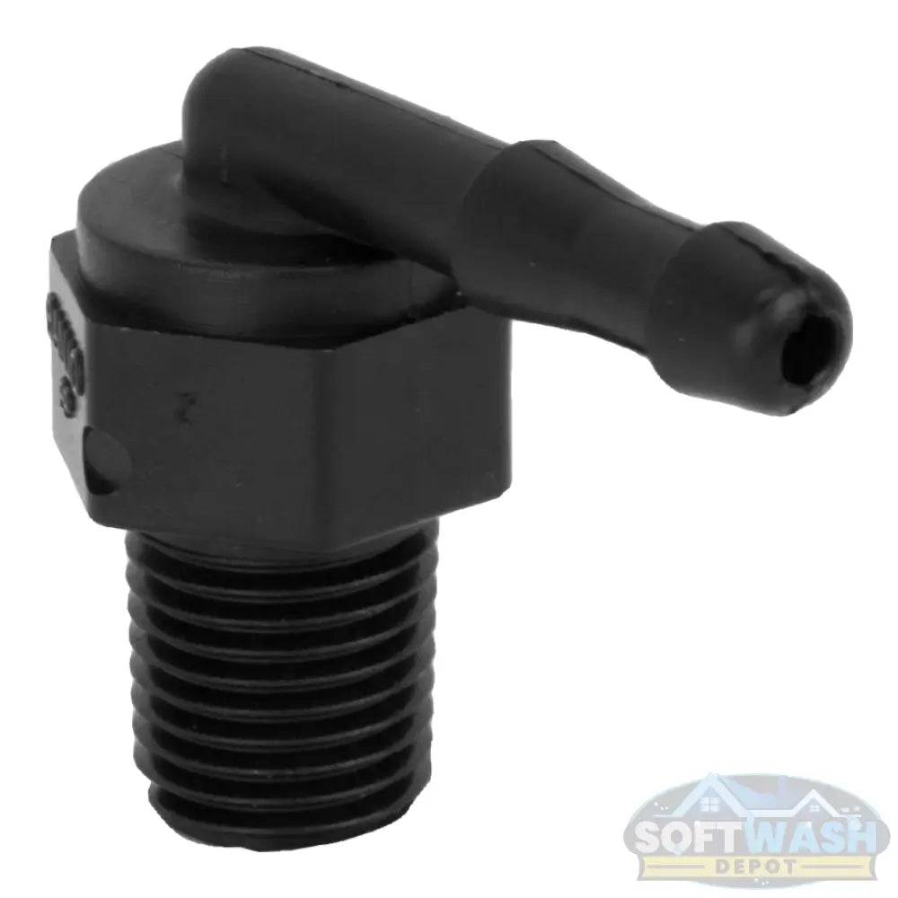 Banjo 1/4-inch MNPT x 1/4-inch hose barb polypropylene 90-degree elbow fitting, Schedule 80, black chemical-resistant elbow for fluid transfer, plumbing, and softwash systems - Soft Wash Depot.