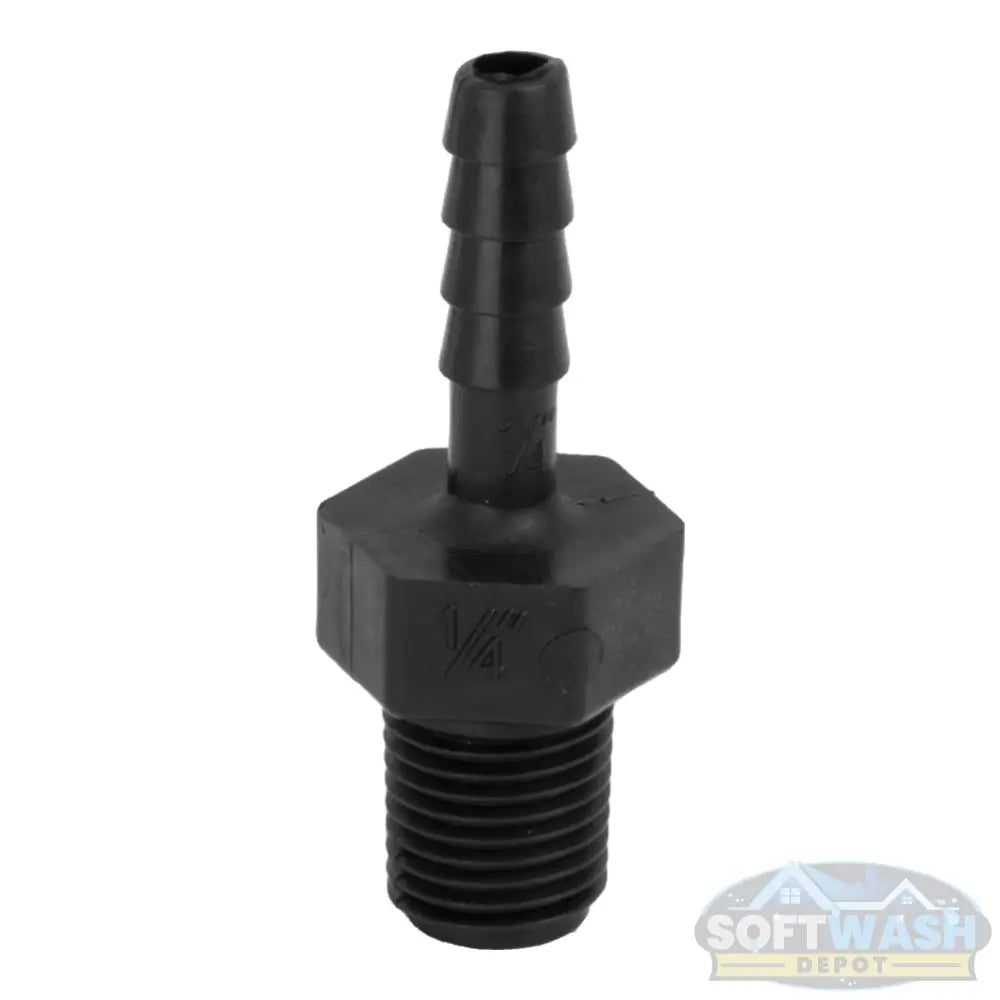 Banjo 1/4-inch MNPT x 1/4-inch hose barb Schedule 80 polypropylene adapter fitting, black chemical-resistant connector for hoses and plumbing in soft wash and fluid transfer systems - Soft Wash Depot.
