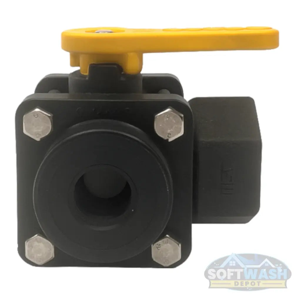 Banjo 1″ Threaded Full Port 3-Way Side Load Ball Valve - Heavy-duty polypropylene valve with stainless steel hardware and yellow handle for soft wash and chemical systems - Soft Wash Depot.