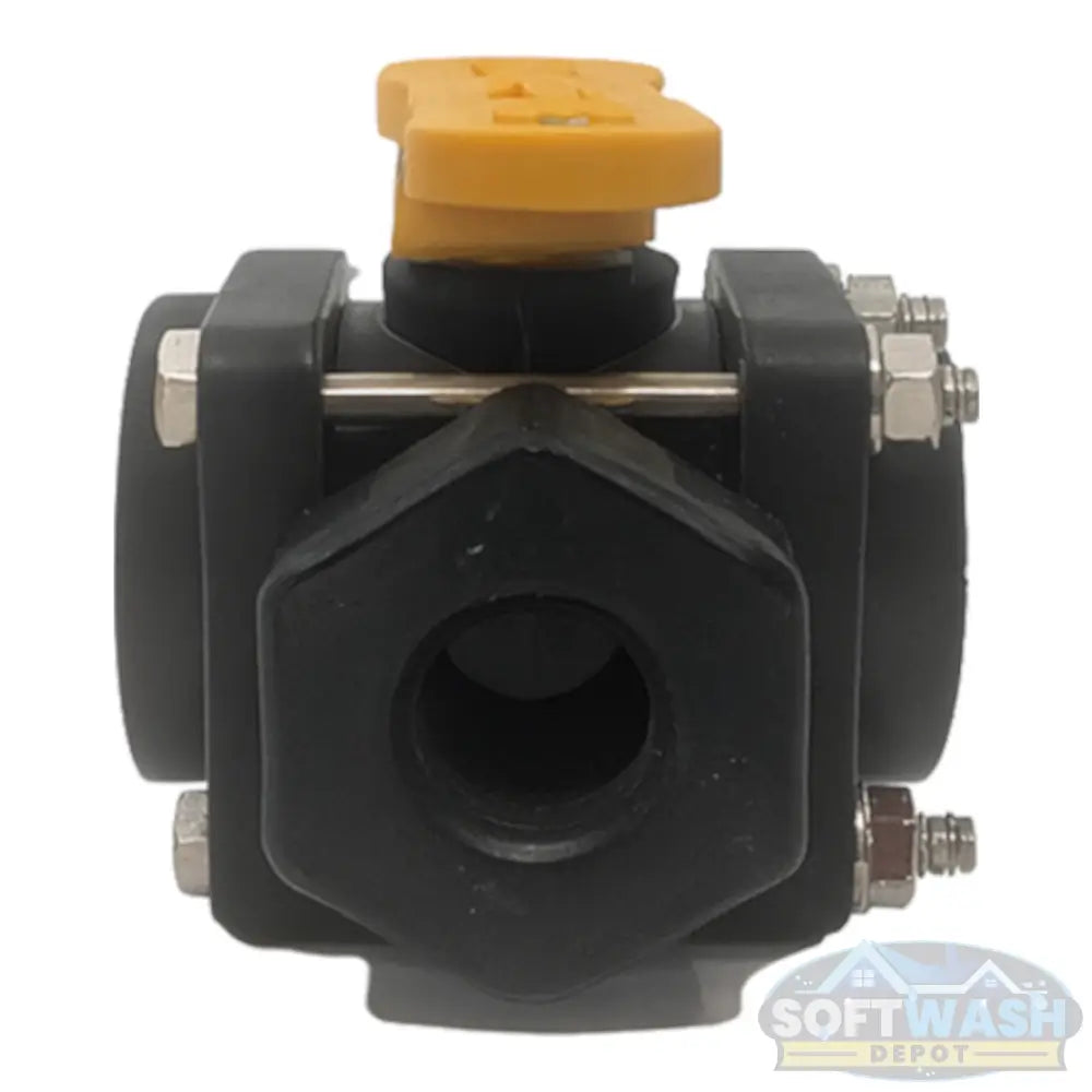 Banjo 1″ Threaded Full Port 3-Way Side Load Ball Valve - Heavy-duty polypropylene valve with stainless steel hardware and yellow handle for soft wash and chemical systems - Soft Wash Depot.