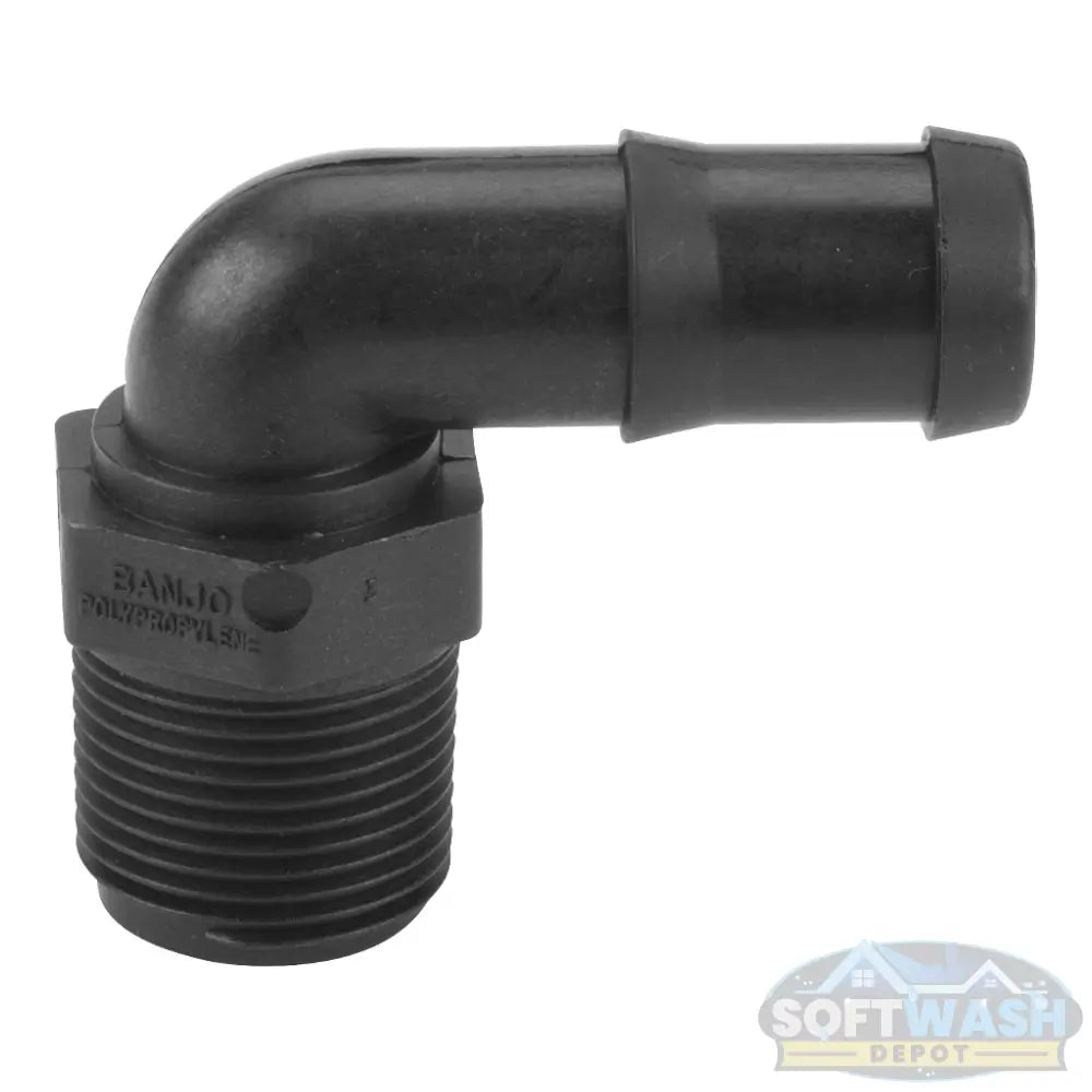 Banjo 3/4-inch MNPT x 3/4-inch hose barb polypropylene 90-degree elbow fitting, Schedule 80, heavy-duty black chemical-resistant elbow for plumbing and softwash systems - Soft Wash Depot.