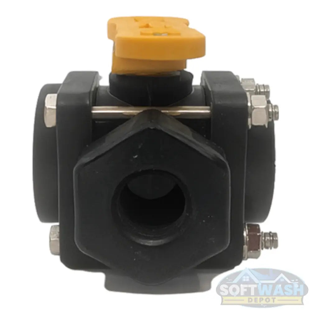 Banjo 3/4-inch threaded full-port 3-way side-load polypropylene ball valve with yellow handle, stainless hardware, and chemical-resistant construction for soft wash and fluid transfer systems - Soft Wash Depot.