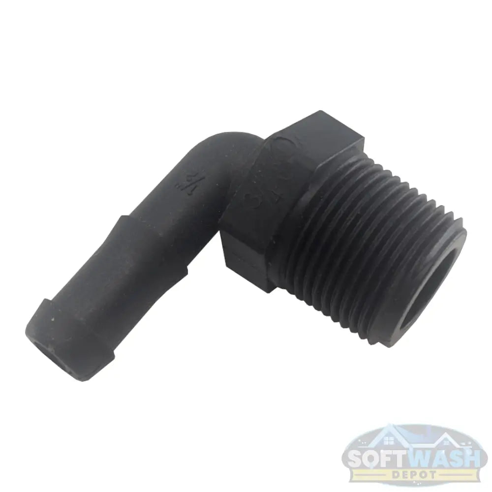 Banjo 3/4" x 1/2" Schedule 80 polypropylene 90-degree hose barb elbow fitting with 3/4" male NPT threads and 1/2" hose barb for soft washing, pressure washing, and chemical transfer systems. - Soft Wash Depot