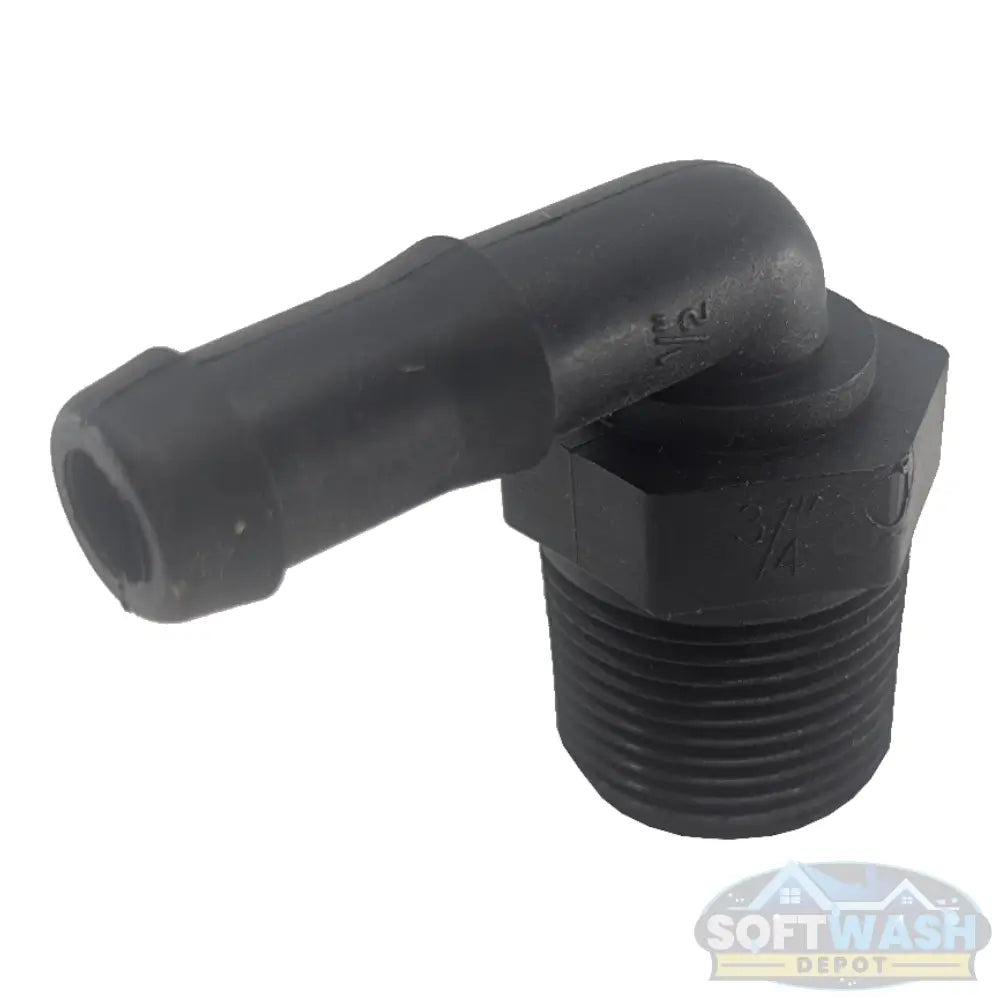 Banjo 3/4" x 1/2" Schedule 80 polypropylene 90-degree hose barb elbow fitting with 3/4" male NPT threads and 1/2" hose barb for soft washing, pressure washing, and chemical transfer systems. - Soft Wash Depot
