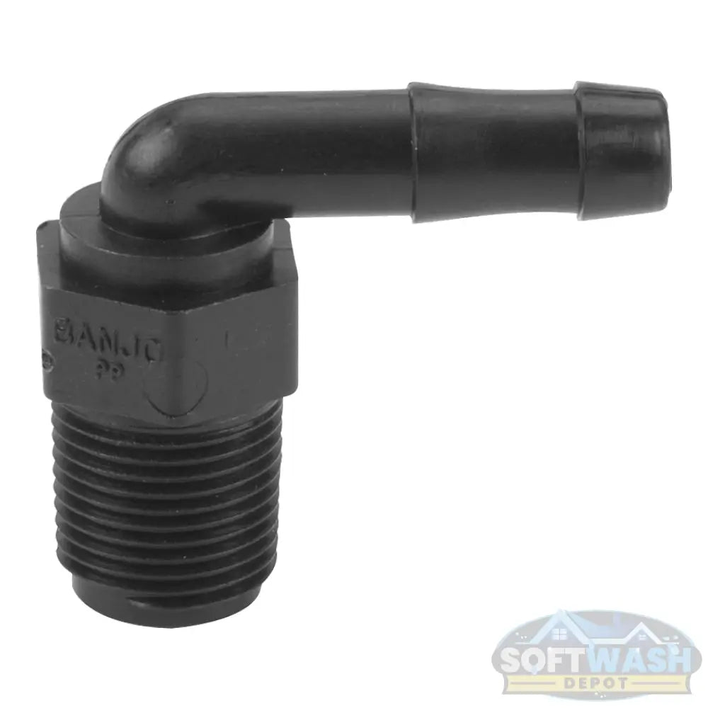 Banjo 3/8-inch MNPT x 3/8-inch hose barb polypropylene 90-degree elbow fitting, Schedule 80, durable black chemical-resistant elbow for softwash systems, plumbing, and fluid transfer - Soft Wash Depot.