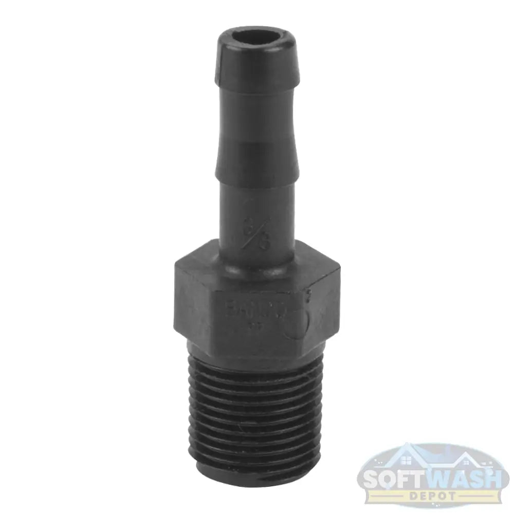 Banjo 3/8-inch MNPT x 3/8-inch hose barb Schedule 80 polypropylene adapter fitting, black chemical-resistant connector for soft wash and fluid transfer systems - Soft Wash Depot.