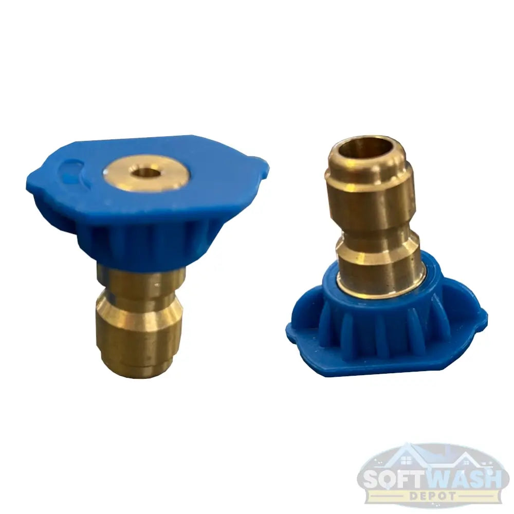 Blue long-range 0-degree quick connect spray tip rated for 40 GPM, brass high-pressure nozzle for precision cleaning and soft wash systems. - Soft Wash Depot