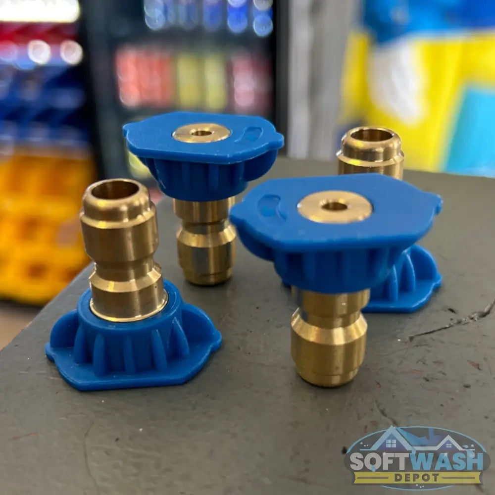 Blue long-range 0-degree quick connect spray tip rated for 40 GPM, brass high-pressure nozzle for precision cleaning and soft wash systems. - Soft Wash Depot