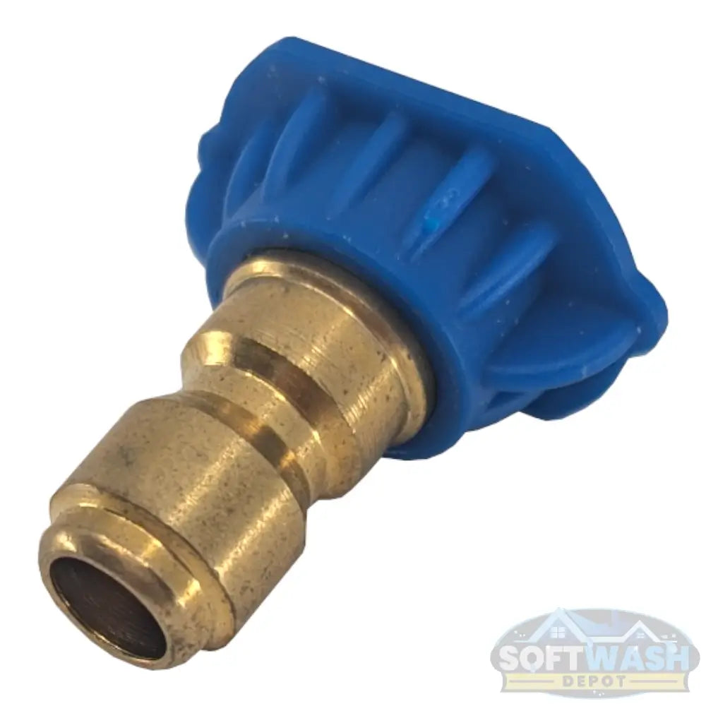 Blue long-range 0-degree quick connect spray tip rated for 40 GPM, brass high-pressure nozzle for precision cleaning and soft wash systems. - Soft Wash Depot