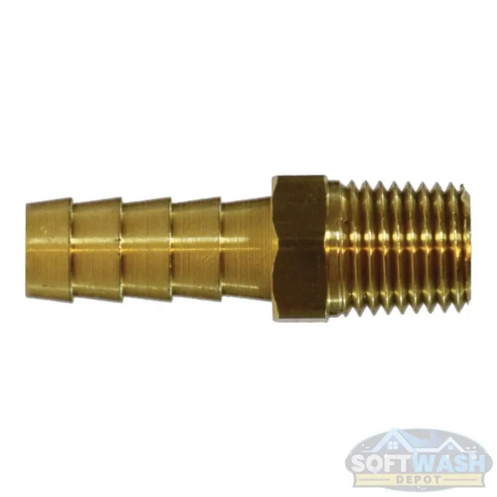Brass 1/4 inch MPT x 1/2 inch hose barb fitting for soft wash and pressure washing systems - durable threaded male adapter for secure hose connections. - Soft Wash Depot