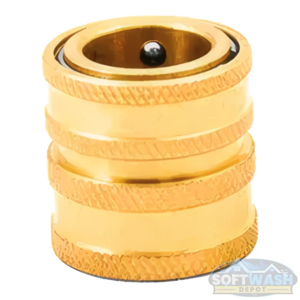 Close-up of a brass garden hose coupler with knurled grip and internal locking ball, designed for secure quick-connect garden hose attachment - Soft Wash Depot.