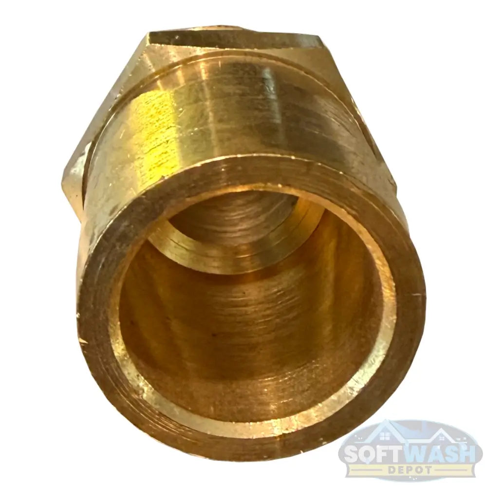 Brass hose barb fitting with 1-inch hose barb and 1/2-inch male pipe thread, part number 32307, for pressure washing and soft wash plumbing. - Soft Wash Depot