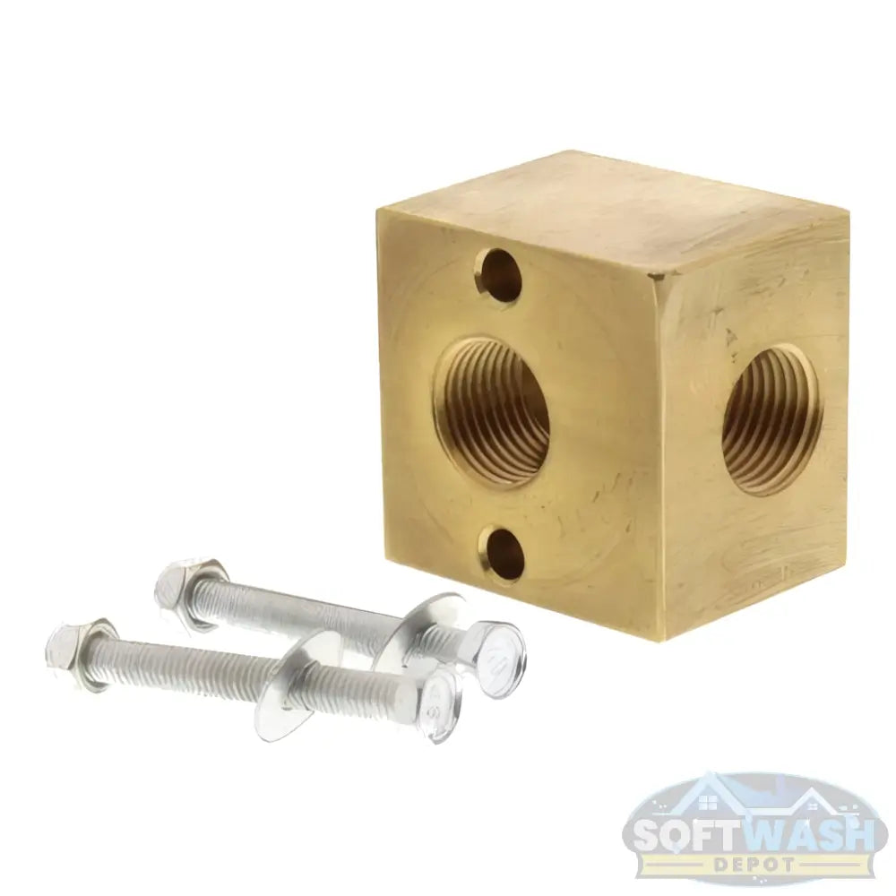 Brass unloader block with 3/8" NPT and 1/2" NPT ports, heavy-duty pressure washer unloader mounting block with bolts included - Soft Wash Depot.