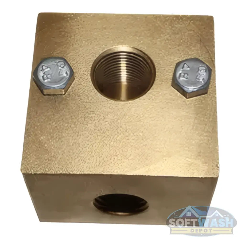 Brass unloader block with 3/8" NPT and 1/2" NPT ports, heavy-duty pressure washer unloader mounting block with bolts included - Soft Wash Depot.