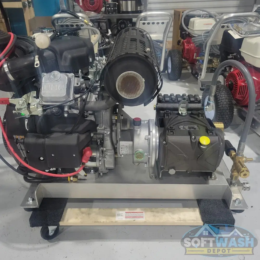 CRX1000 Gear Drive with 16 GPM GP EV22A Pump and Blocked Pulsar Unloader - high-performance gear-driven pressure washer setup for professional soft wash and power wash systems, mounted on a heavy-duty aluminum base - Soft Wash Depot.