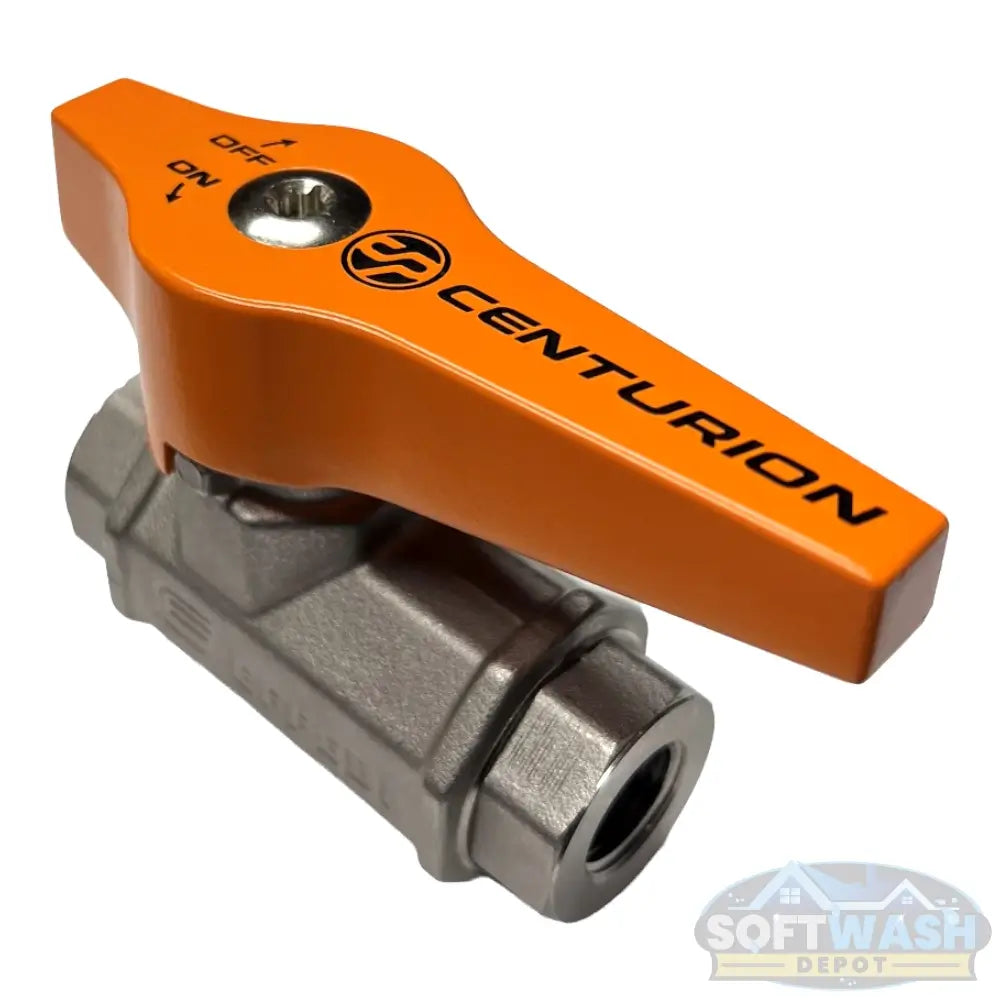 Centurion 3/8 inch high-pressure ball valve with extended EZ Turn handle, rated for 5,000 PSI and built for soft wash and pressure washing systems. - Soft Wash Depot