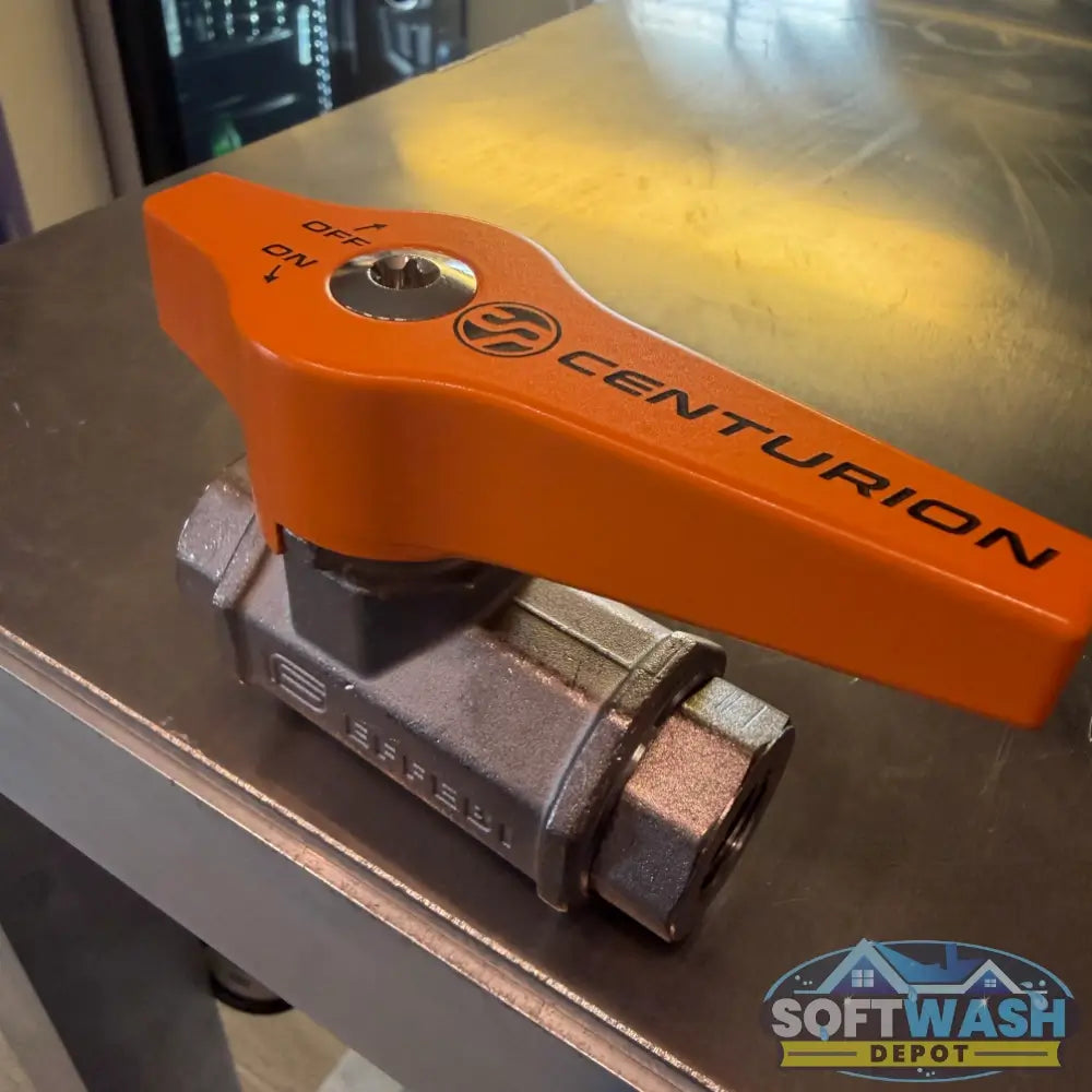 Centurion 3/8 inch high-pressure ball valve with extended EZ Turn handle, rated for 5,000 PSI and built for soft wash and pressure washing systems. - Soft Wash Depot
