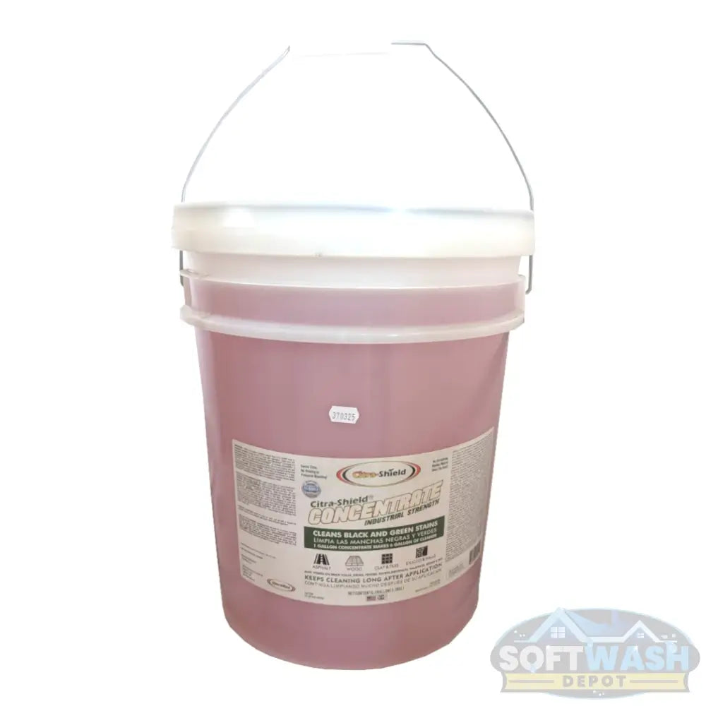 Citra-Shield Concentrate industrial cleaner in 5-gallon pail, eco-friendly solution for removing black and green stains from roofs, siding, concrete, and outdoor surfaces - Soft Wash Depot.
