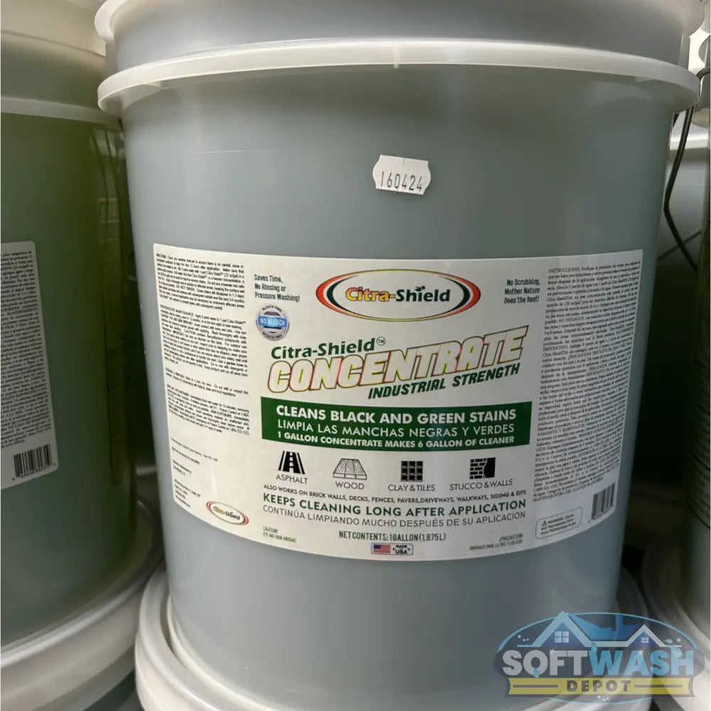 Citra-Shield Concentrate industrial cleaner in 5-gallon pail, eco-friendly solution for removing black and green stains from roofs, siding, concrete, and outdoor surfaces - Soft Wash Depot.