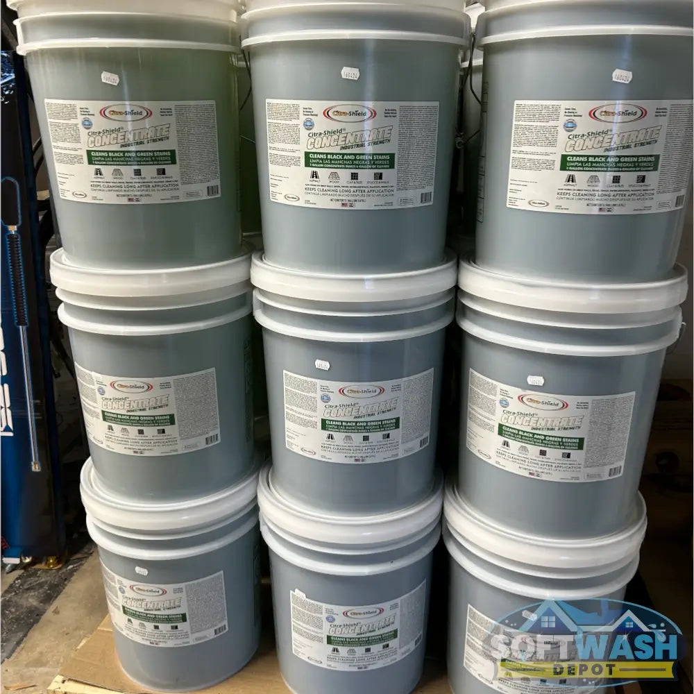 Citra-Shield Concentrate industrial cleaner in 5-gallon pail, eco-friendly solution for removing black and green stains from roofs, siding, concrete, and outdoor surfaces - Soft Wash Depot.