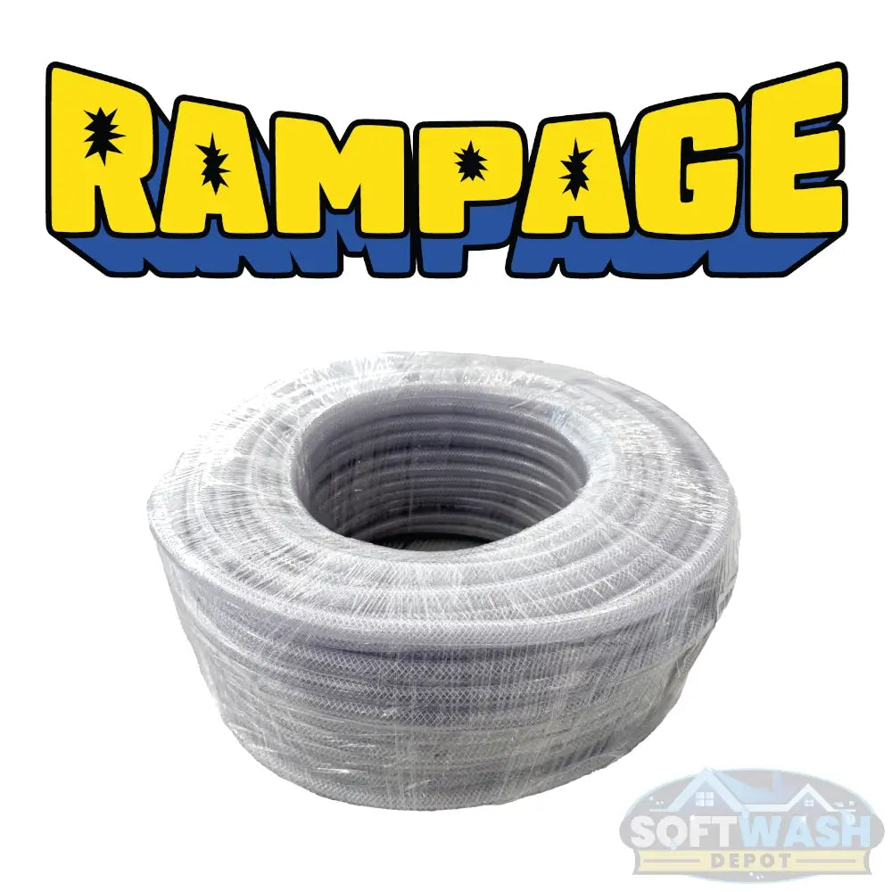 Roll of clear poly braided hose wrapped in protective plastic with Rampage. - Soft Wash Depot