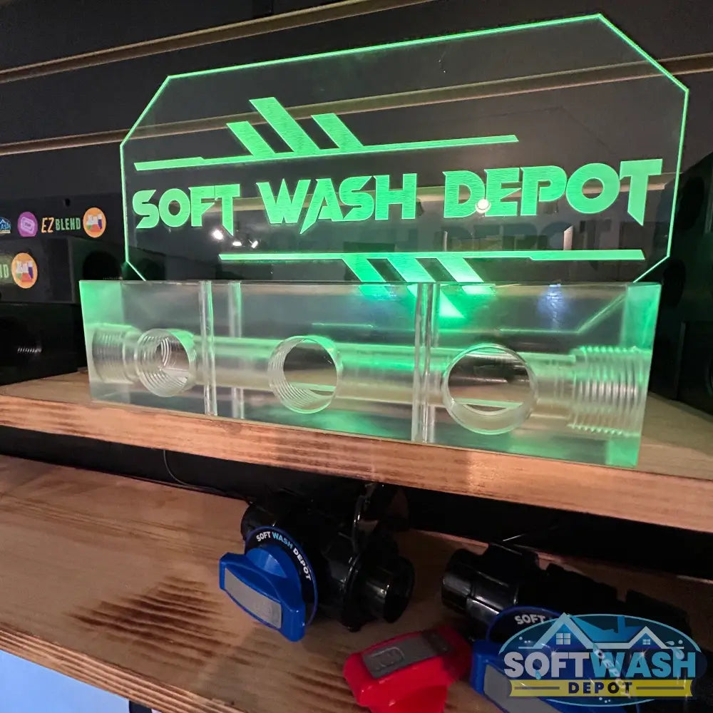 Clear Acrylic Soft Wash Mixing Manifold - precision-machined transparent manifold block with threaded ports for proportioner system connections - Soft Wash Depot.