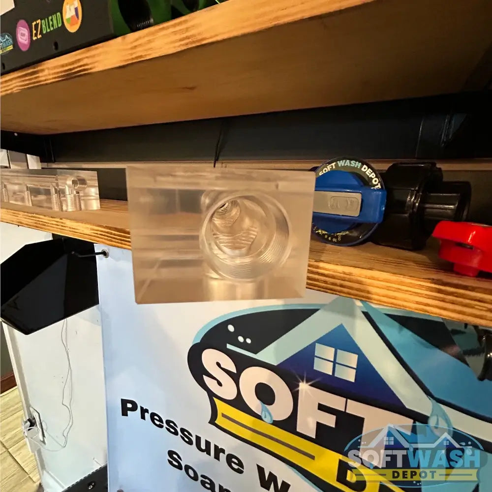 Clear Acrylic Soft Wash Mixing Manifold - precision-machined transparent manifold block with threaded ports for proportioner system connections - Soft Wash Depot.