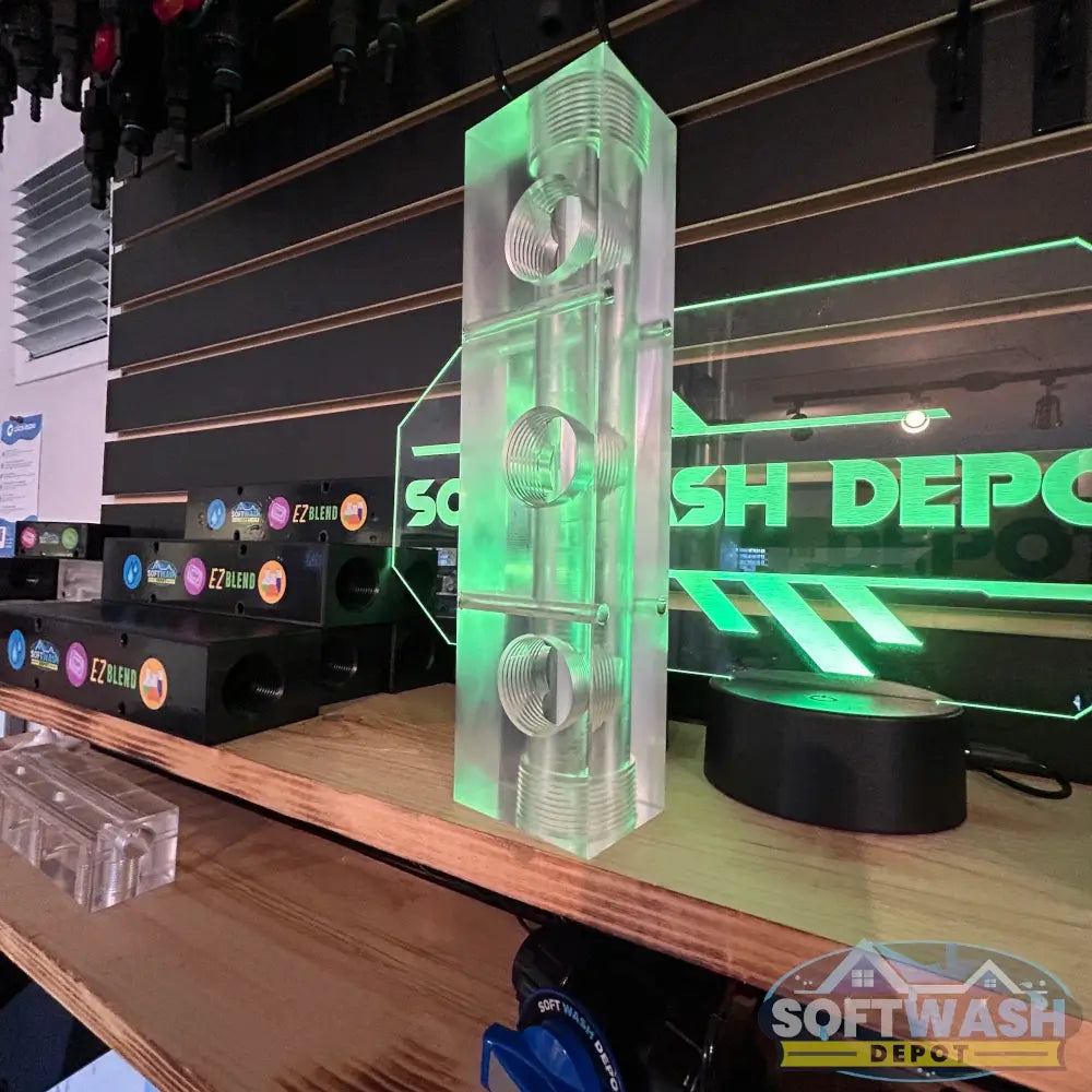Clear Acrylic Soft Wash Mixing Manifold - precision-machined transparent manifold block with threaded ports for proportioner system connections - Soft Wash Depot.