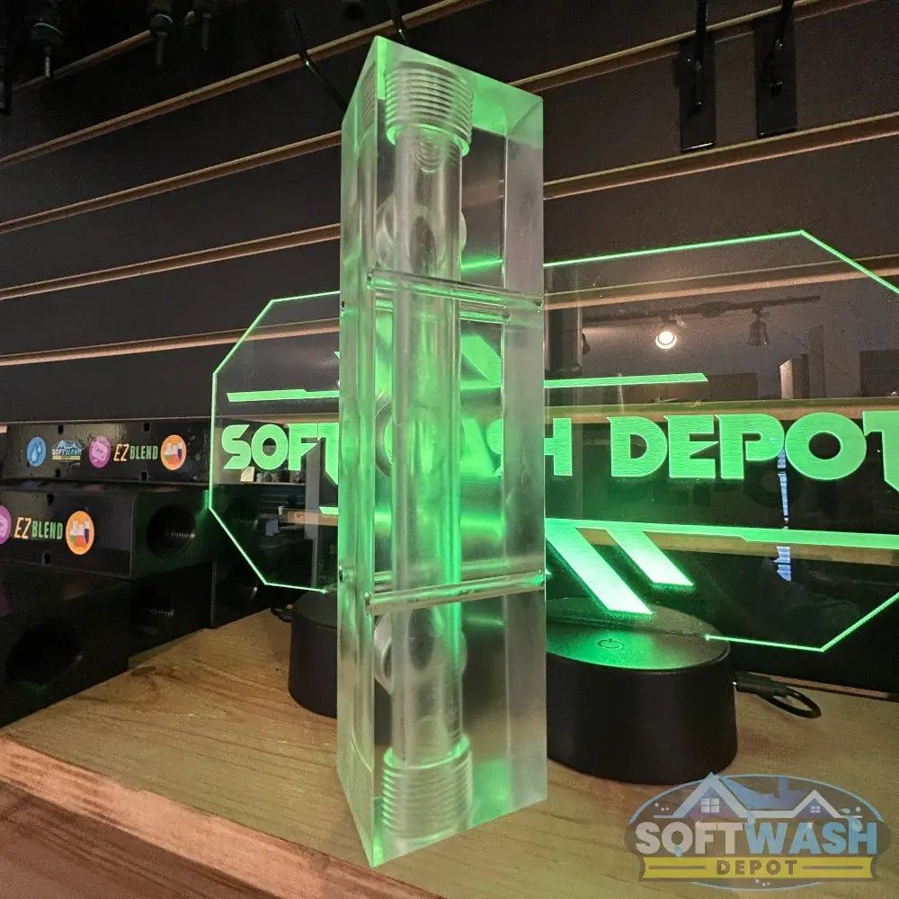 Clear Acrylic Soft Wash Mixing Manifold - precision-machined transparent manifold block with threaded ports for proportioner system connections - Soft Wash Depot.