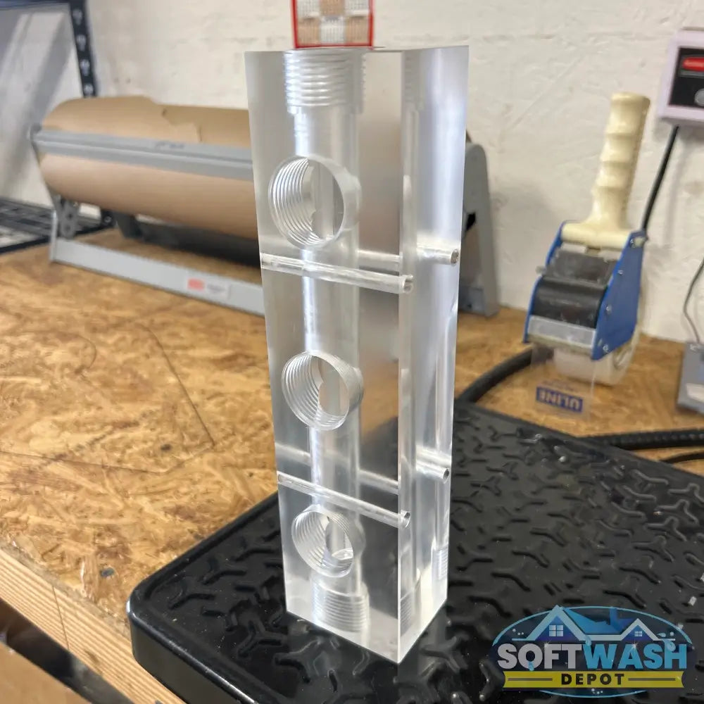Clear Acrylic Soft Wash Mixing Manifold - precision-machined transparent manifold block with threaded ports for proportioner system connections - Soft Wash Depot.