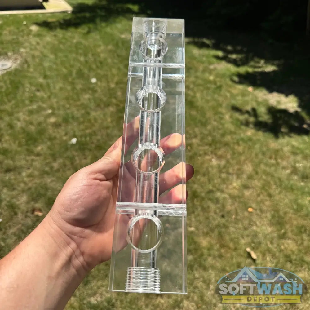 Clear Acrylic Soft Wash Mixing Manifold - precision-machined transparent manifold block with threaded ports for proportioner system connections - Soft Wash Depot.