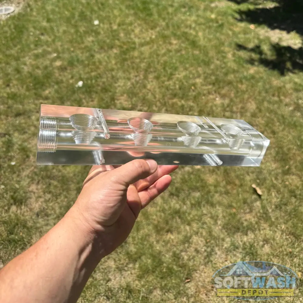 Clear Acrylic Soft Wash Mixing Manifold - precision-machined transparent manifold block with threaded ports for proportioner system connections - Soft Wash Depot.