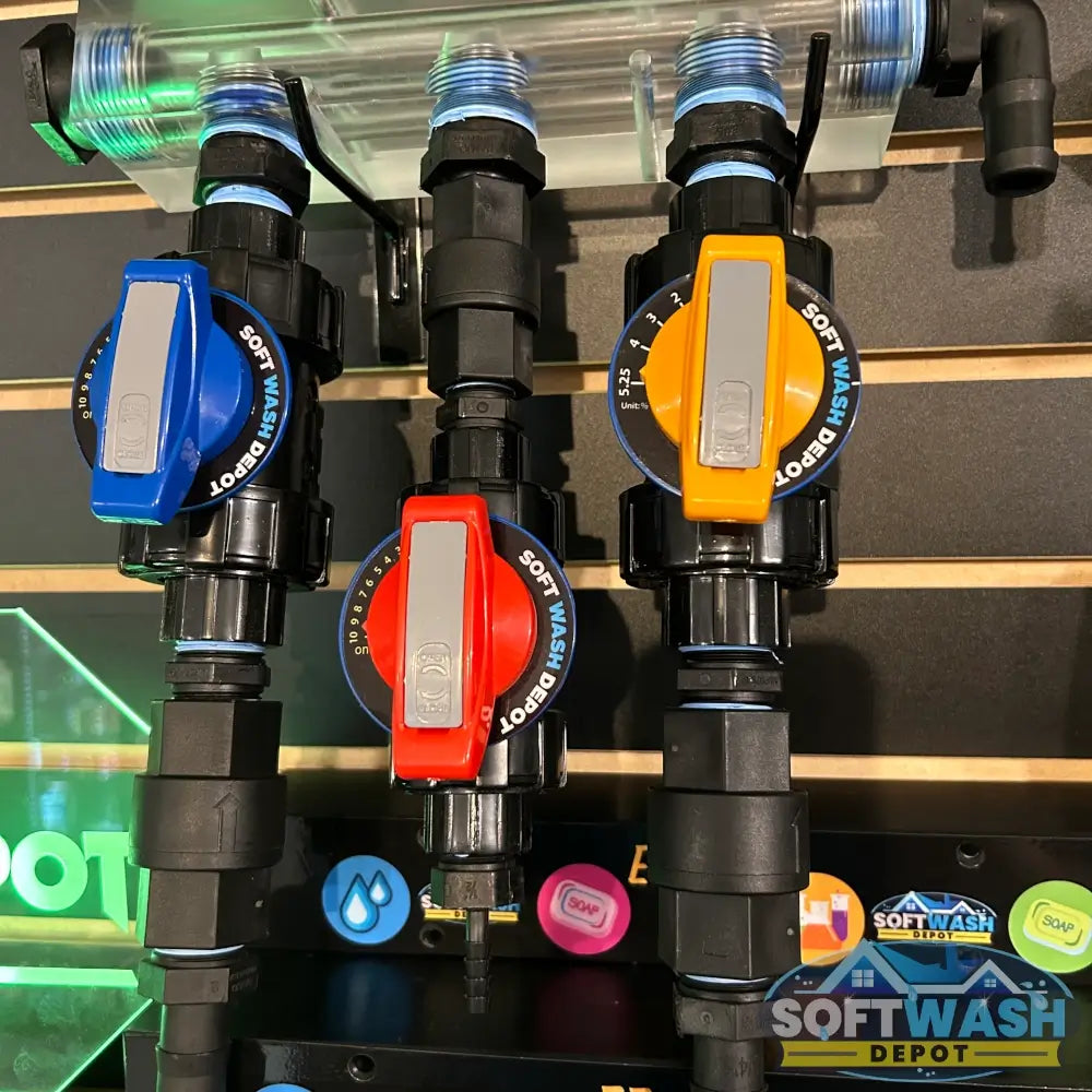 Clear Acrylic Soft Washing Mixing Proportioner with Precision Flow Valves - available in 3-port and 4-port configurations, featuring adjustable color-coded control valves for water, soap, and bleach mixing - Soft Wash Depot.