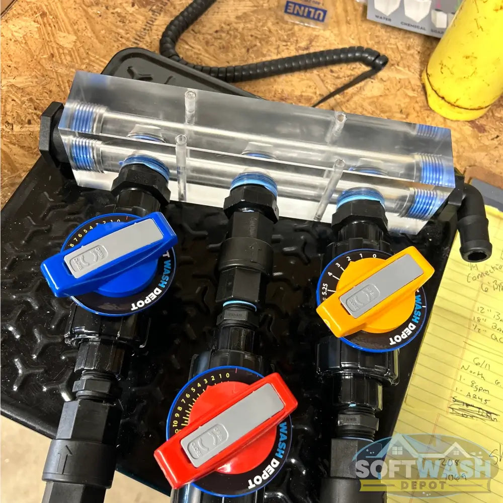Clear Acrylic Soft Washing Mixing Proportioner with Precision Flow Valves - available in 3-port and 4-port configurations, featuring adjustable color-coded control valves for water, soap, and bleach mixing. - Soft Wash Depot