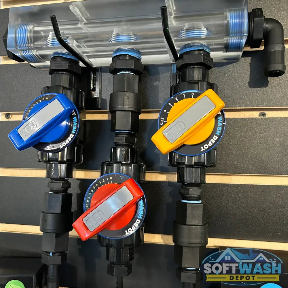 Clear Acrylic Soft Washing Mixing Proportioner with Precision Flow Valves - available in 3-port and 4-port configurations, featuring adjustable color-coded control valves for water, soap, and bleach mixing. - Soft Wash Depot