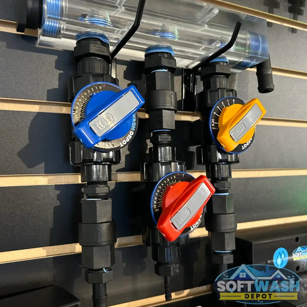 Clear Acrylic Soft Washing Mixing Proportioner with Precision Flow Valves - available in 3-port and 4-port configurations, featuring adjustable color-coded control valves for water, soap, and bleach mixing. - Soft Wash Depot