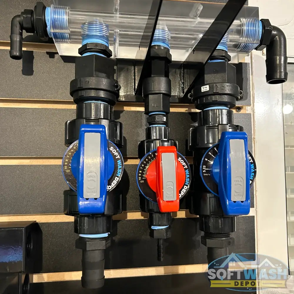 Clear Acrylic Soft Washing Mixing Proportioner with Precision Flow Valves - available in 3-port and 4-port configurations, featuring adjustable color-coded control valves for water, soap, and bleach mixing. - Soft Wash Depot